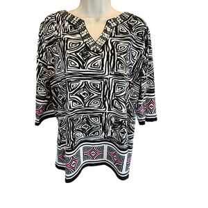 Multiples petite XL PXL geometric 3/4 Sleeve black white pink tunic career top *